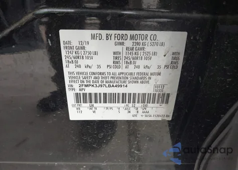 2020 Ford Edge Sel из США, поврежденный, VIN 2FMPK3J97LBA49914